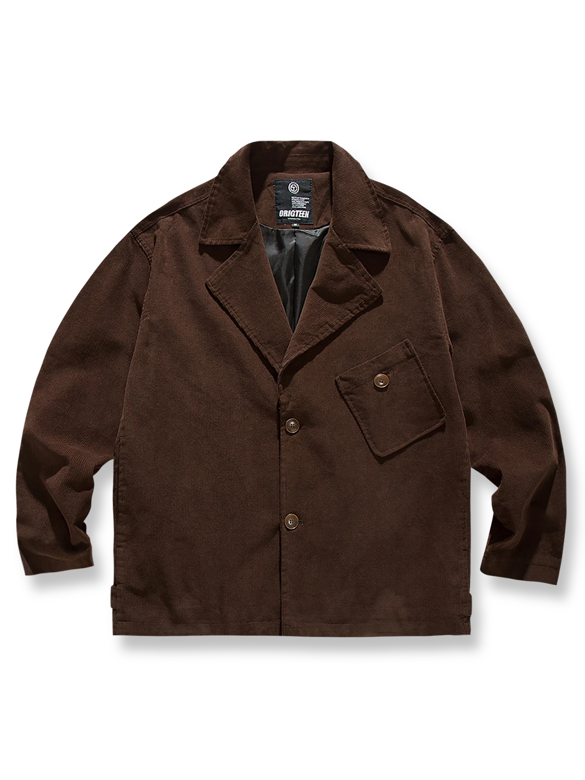 テーラードカラーシングルブレストワークジャケットの全体正面画像、非対称フラップポケットとブラウンカラーのディテール。