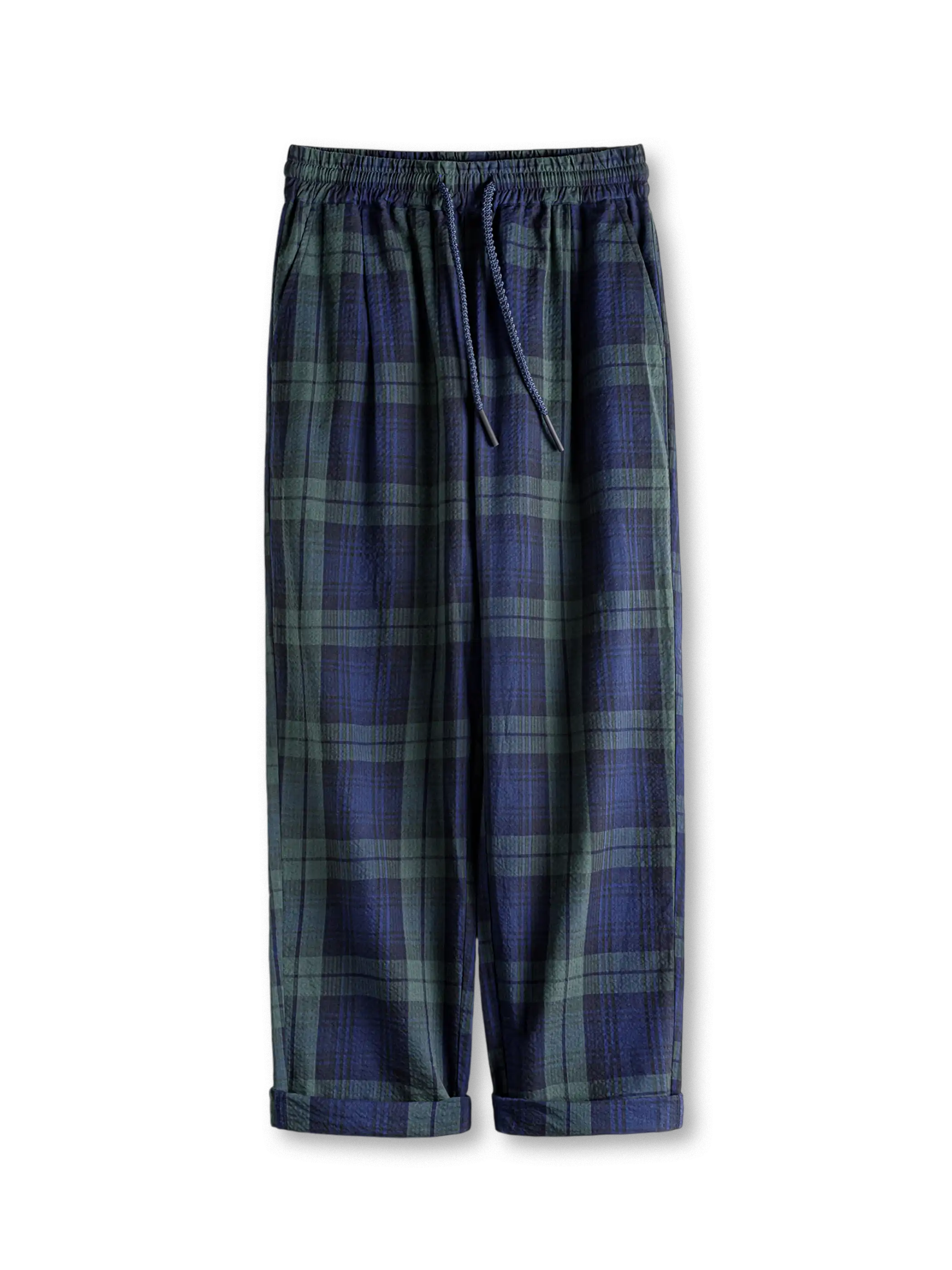 ブルーグリーン タータンチェック サッカー生地イージーパンツ