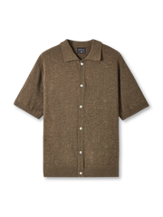 テンセルリネン混紡の横編みとカーディガン風ボタンフロントが映えるニットポロシャツ