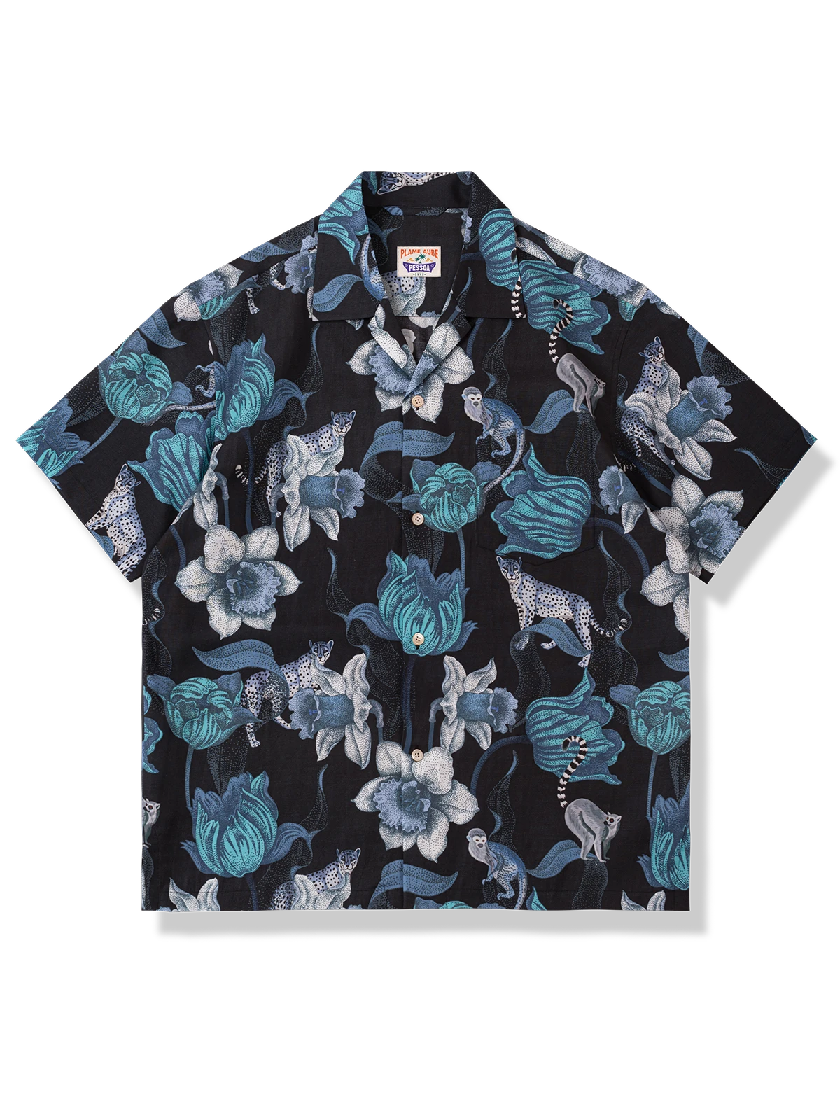 テンセル黒色キューバシャツ、ヒョウとワオキツネザル柄、ルーズフィット、細密縫製素材