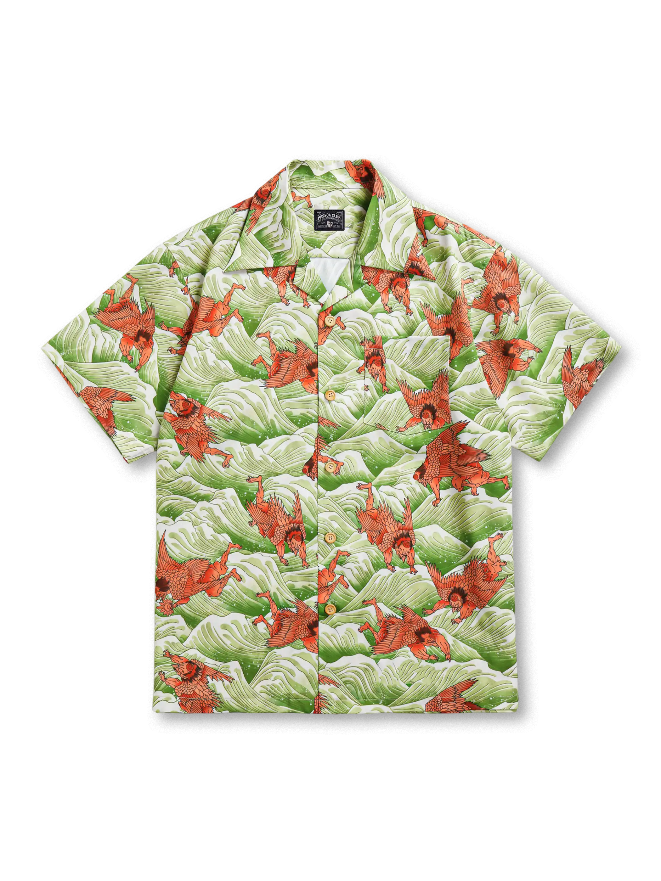 浮世絵「讃岐院派眷属救為朝図」の天狗救助シーンを大胆にプリントしたTENCEL®製アロハシャツ。