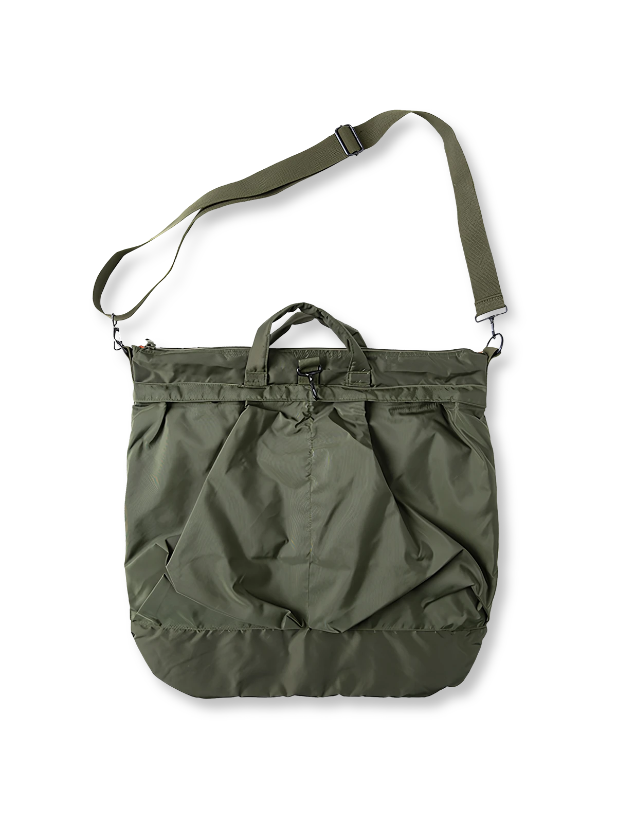 シワ感テクスチャーナイロンのパラシュートパンツ全体正面画像とダブルプリーツ、ポケットディテール。