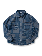 不規則パッチワークのヴィンテージ風デニムシャツ