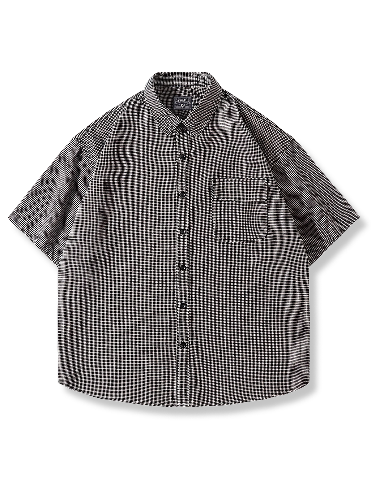 細かいギンガムチェックとフラップポケットが特徴のルーズフィット混紡素材半袖シャツ