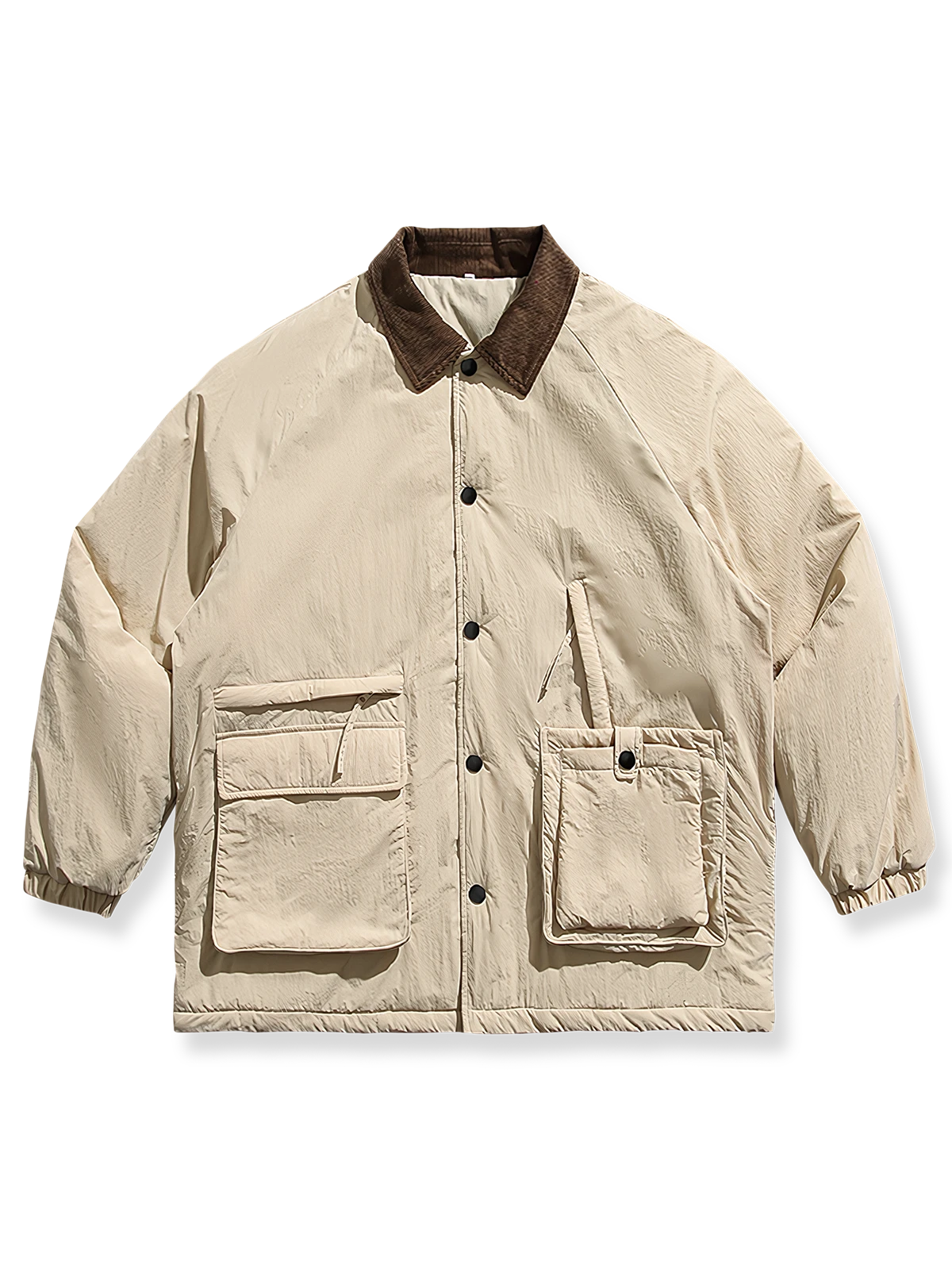 コーデュロイ襟と中綿入りのストレートシルエットジャケット(三色展開)。