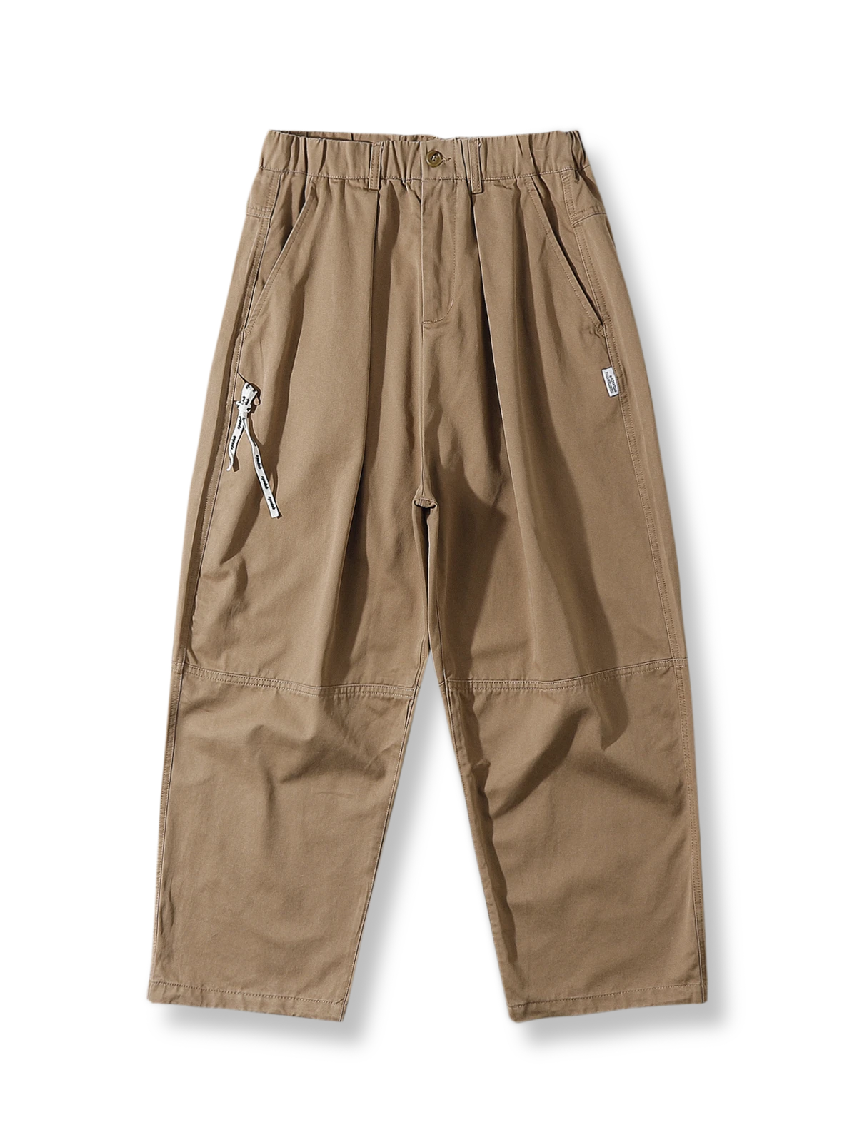 グレー・カーキ・ネイビーの3色展開でドローストリングと裾ステッチが特徴のワークパンツの全体像。