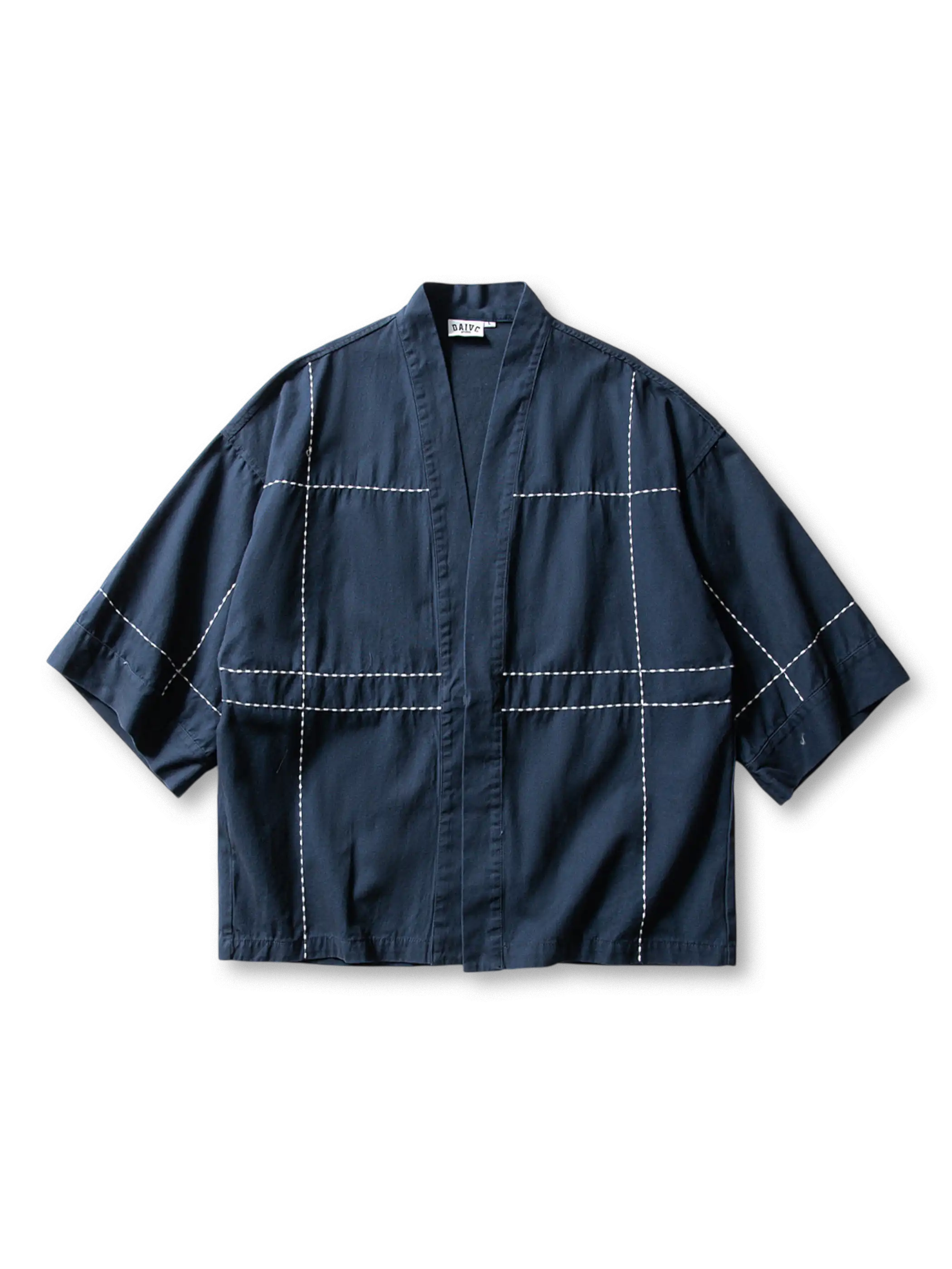 刺し子生地使用の水洗い加工七分袖はんてん。濃紺とカーキのカラーブロックデザイン。