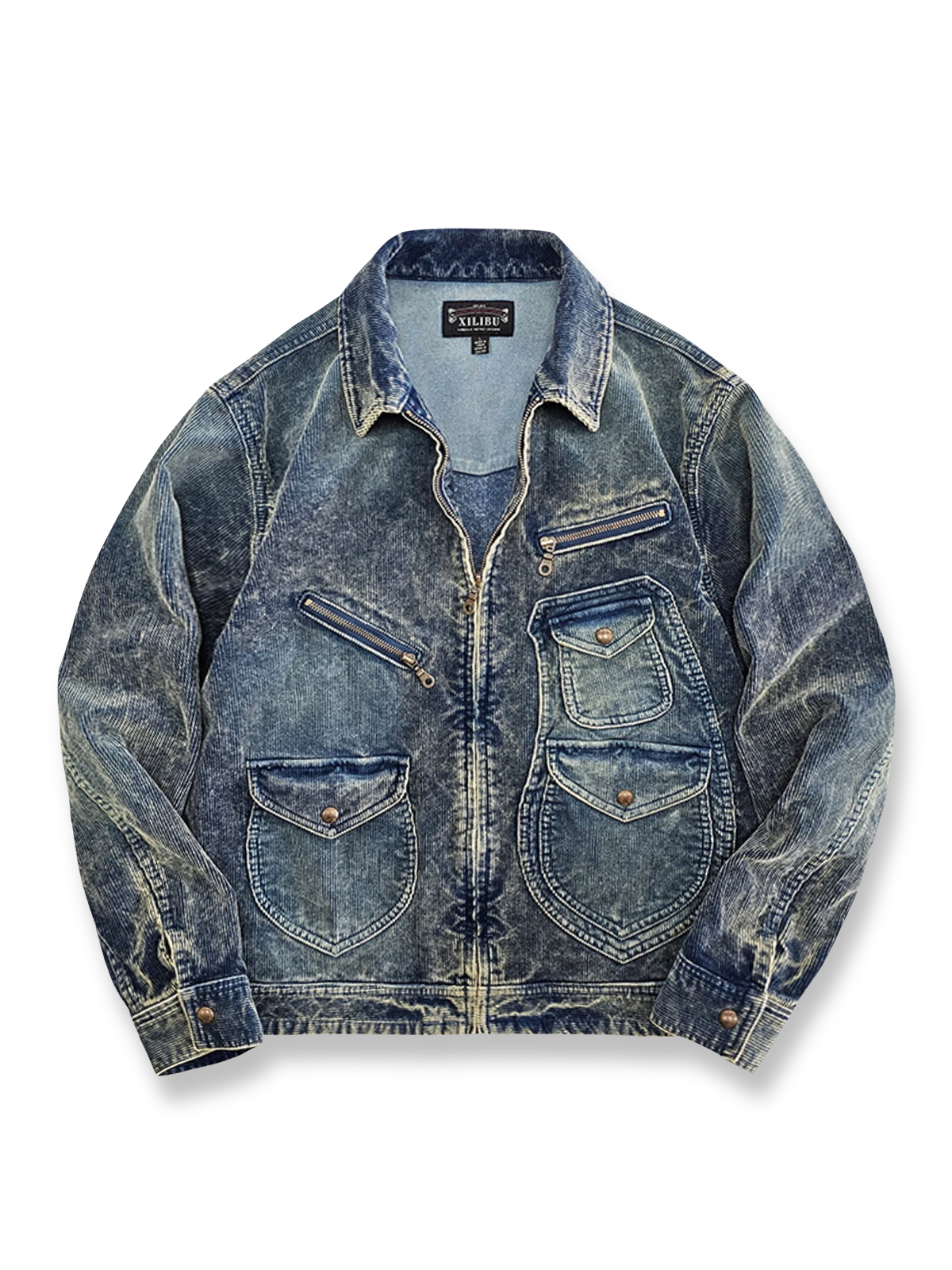 タイダイとヴィンテージ加工が特徴の多ポケットコットンワークジャケット。真鍮ジッパーとアンティーク調ボタン付き。