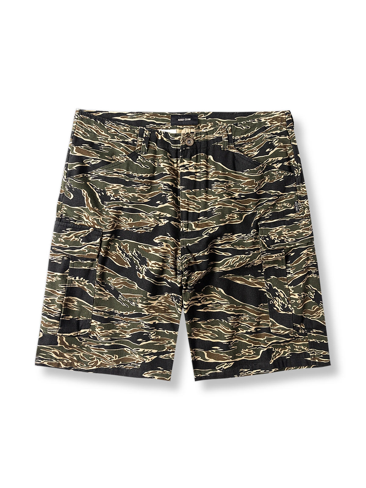 虎柄迷彩マルチポケットカーゴショーツ。