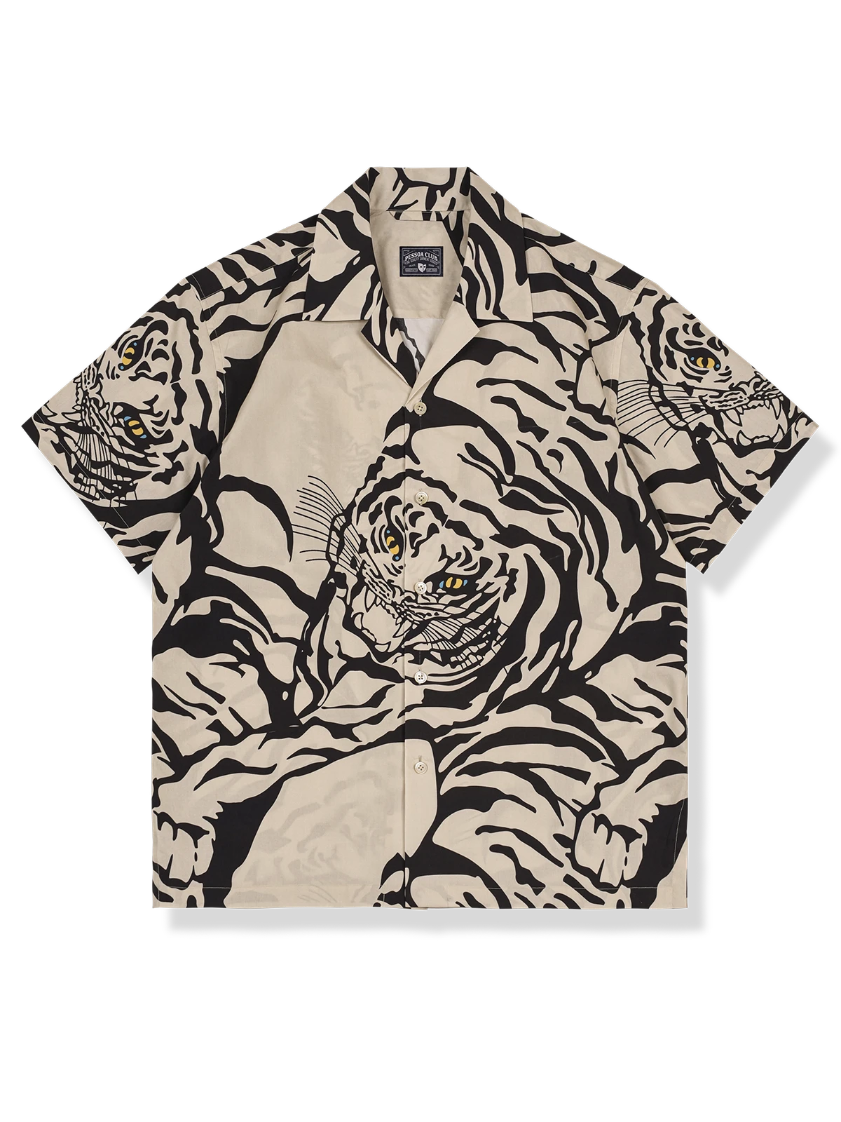 トラ柄プリントとルーズフィットが特徴の天然コットン製キューバカラー半袖シャツ