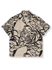 トラ柄プリントとルーズフィットが特徴の天然コットン製キューバカラー半袖シャツ