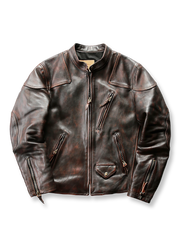 アメリカンモーターサイクル文化発祥の耐久性高いタフレザージャケット。ヴィンテージ加工とクラシックデザインが特徴。