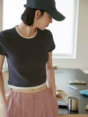 カラーブロックフェイクレイヤードスリムTシャツ