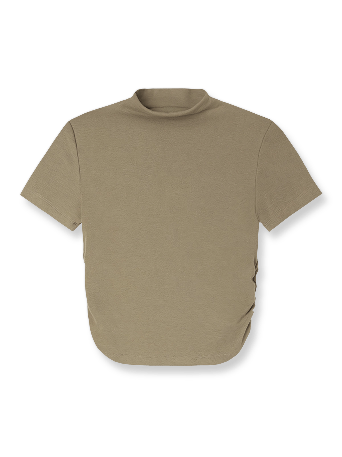 製品画像: カーキ色のサイドギャザーハイネックショートTシャツ正面図