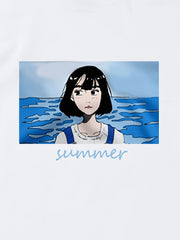 Tシャツ前に描かれた海と少女のイラストの拡大図