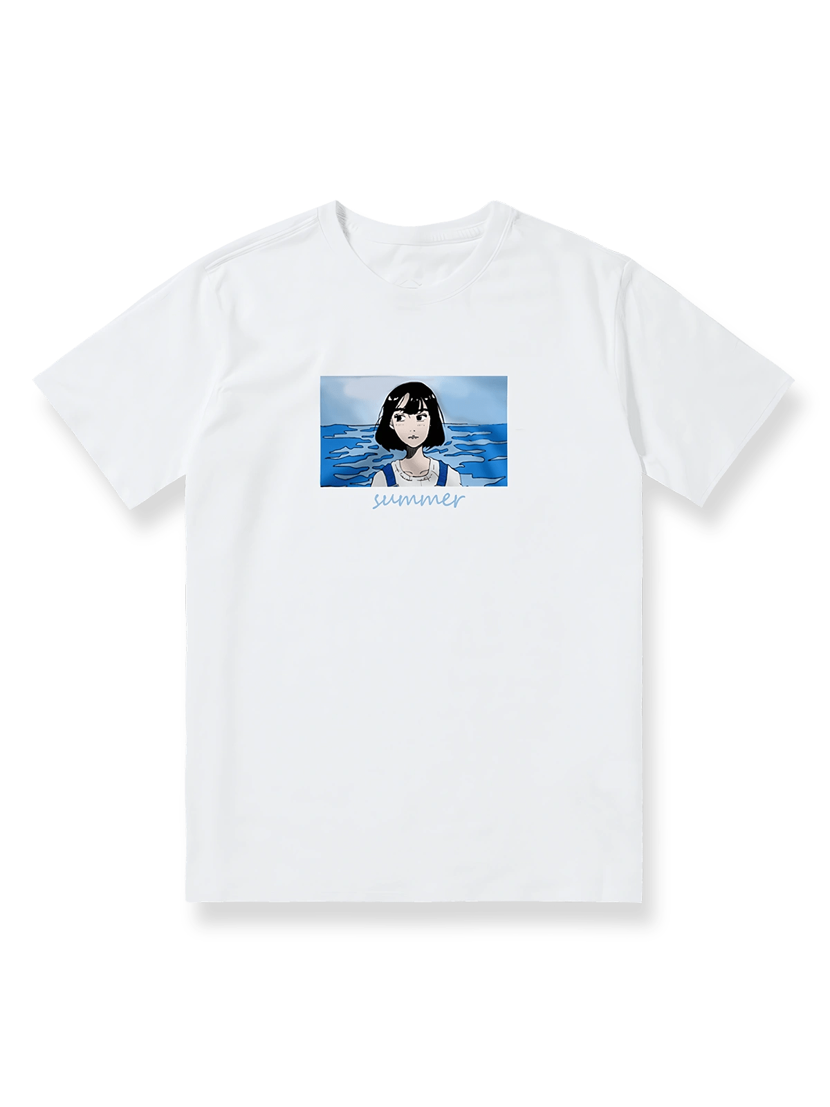 製品画像: 夏の少女と海のイラストが描かれた白いTシャツ