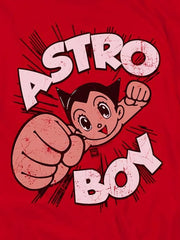 『鉄腕アトム』カートゥーンプリントTシャツのディテール、赤い背景とダイナミックなデザインのコントラスト