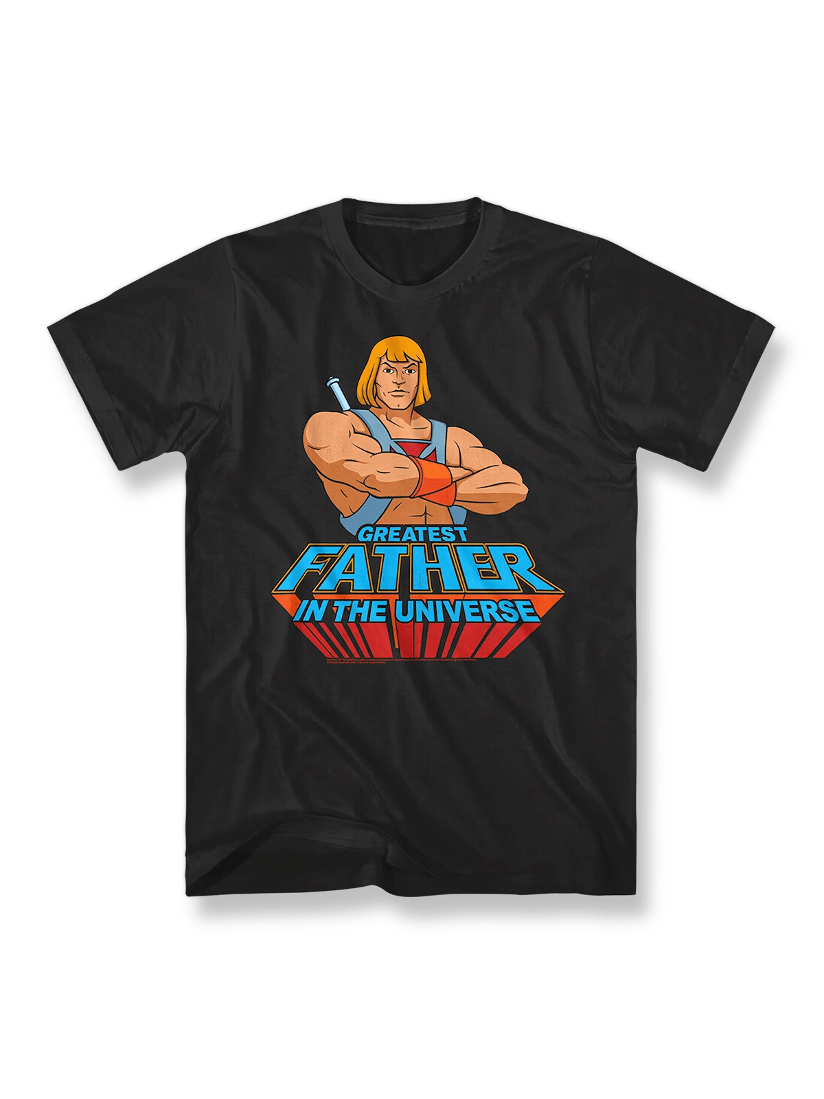 『マスターズ・オブ・ユニバース』カートゥーンプリントTシャツ正面図、He-Manと「Greatest Father in the Universe」標語