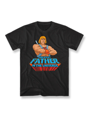 『マスターズ・オブ・ユニバース』カートゥーンプリントTシャツ正面図、He-Manと「Greatest Father in the Universe」標語