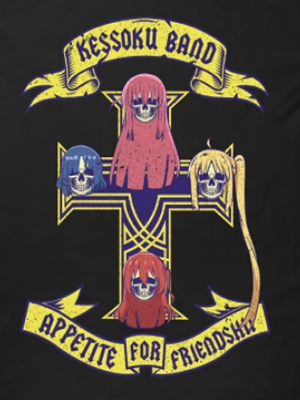 『ぼっち・ざ・ろっく!』アニメプリントTシャツの細部画像。黒い背景と鮮やかなデザインのコントラスト