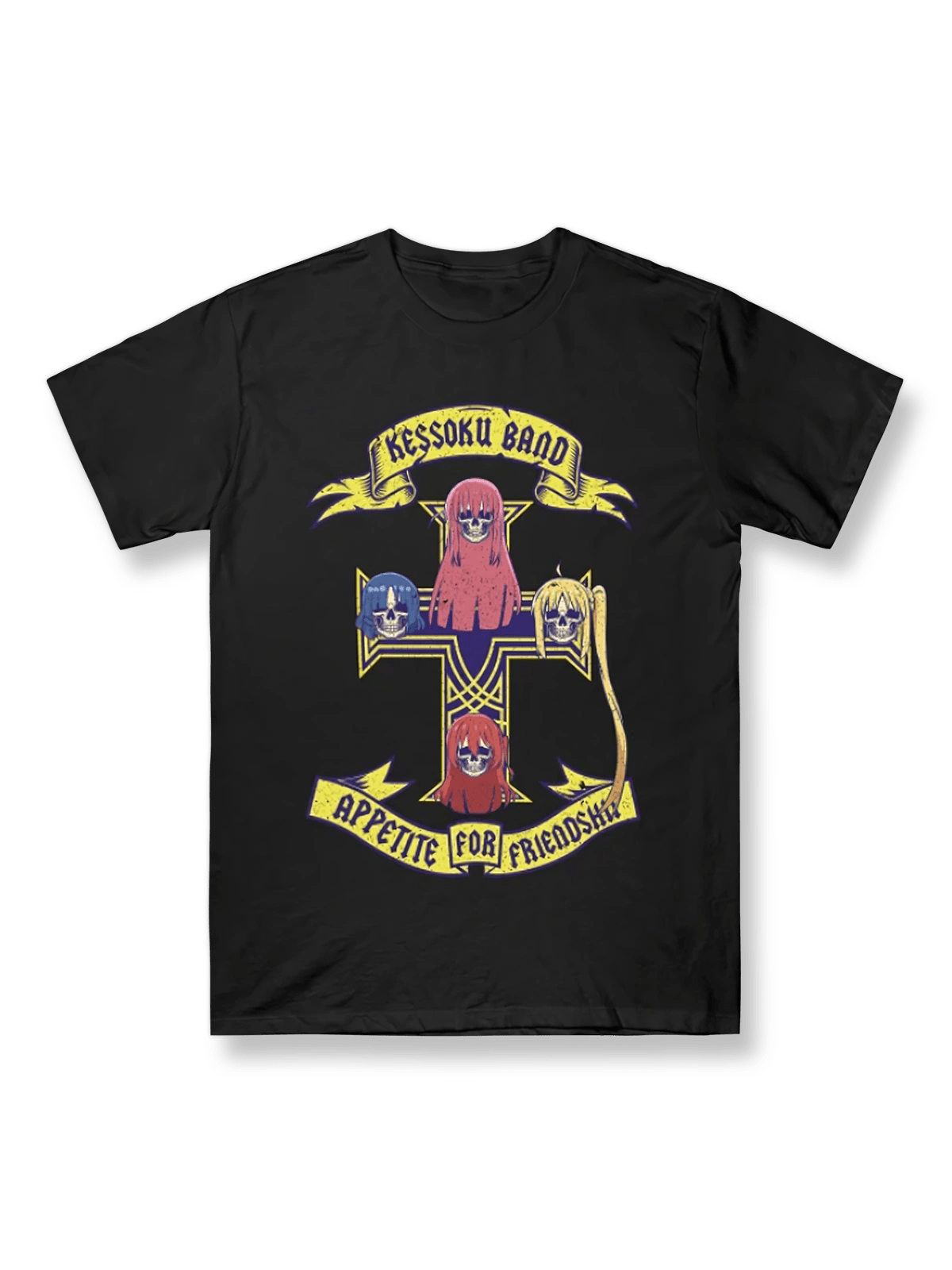 『ぼっち・ざ・ろっく!』アニメプリントTシャツの正面画像。キャラクターとクラシックなロックバンドの要素