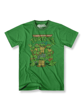 『ミュータント・タートルズ』カートゥーンプリントTシャツ正面図、ミュータント・タートルズの主要キャラクター