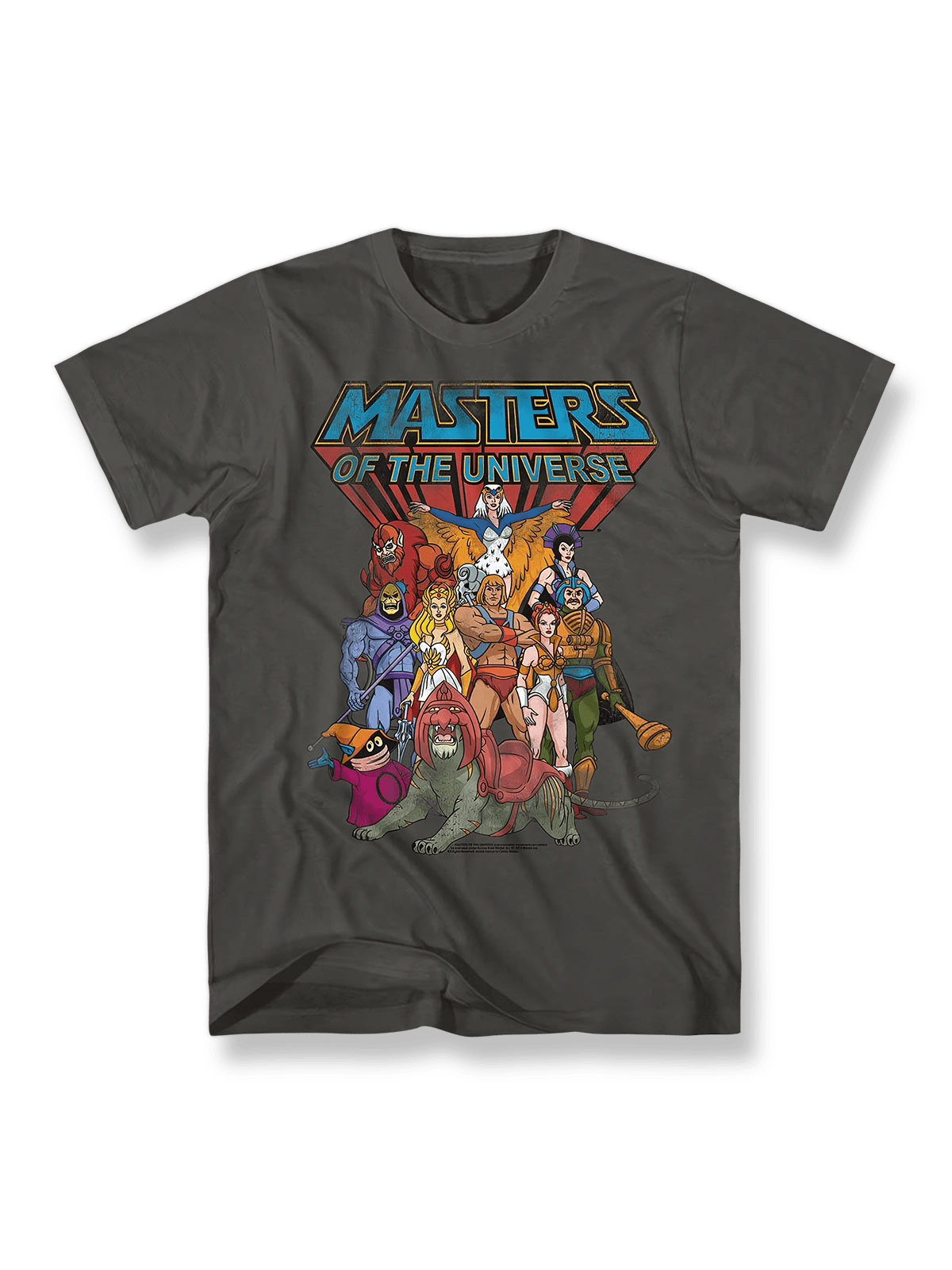 『マスターズ・オブ・ユニバース』カートゥーンプリントTシャツの正面画像、ヒーマンとキャラクター群