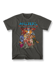 『マスターズ・オブ・ユニバース』カートゥーンプリントTシャツの正面画像、ヒーマンとキャラクター群