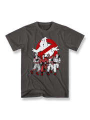 『Ghostbusters』カートゥーンプリントTシャツ正面図、ゴーストバスターズとクラシックなロゴ