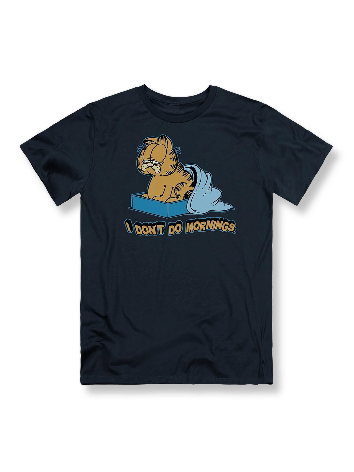 『ガーフィールド』カートゥーンプリントTシャツの正面画像、ガーフィールドと「I Don't Do Mornings」のスローガン