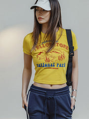 イエローストーン公園プリント カラーブロックTシャツ