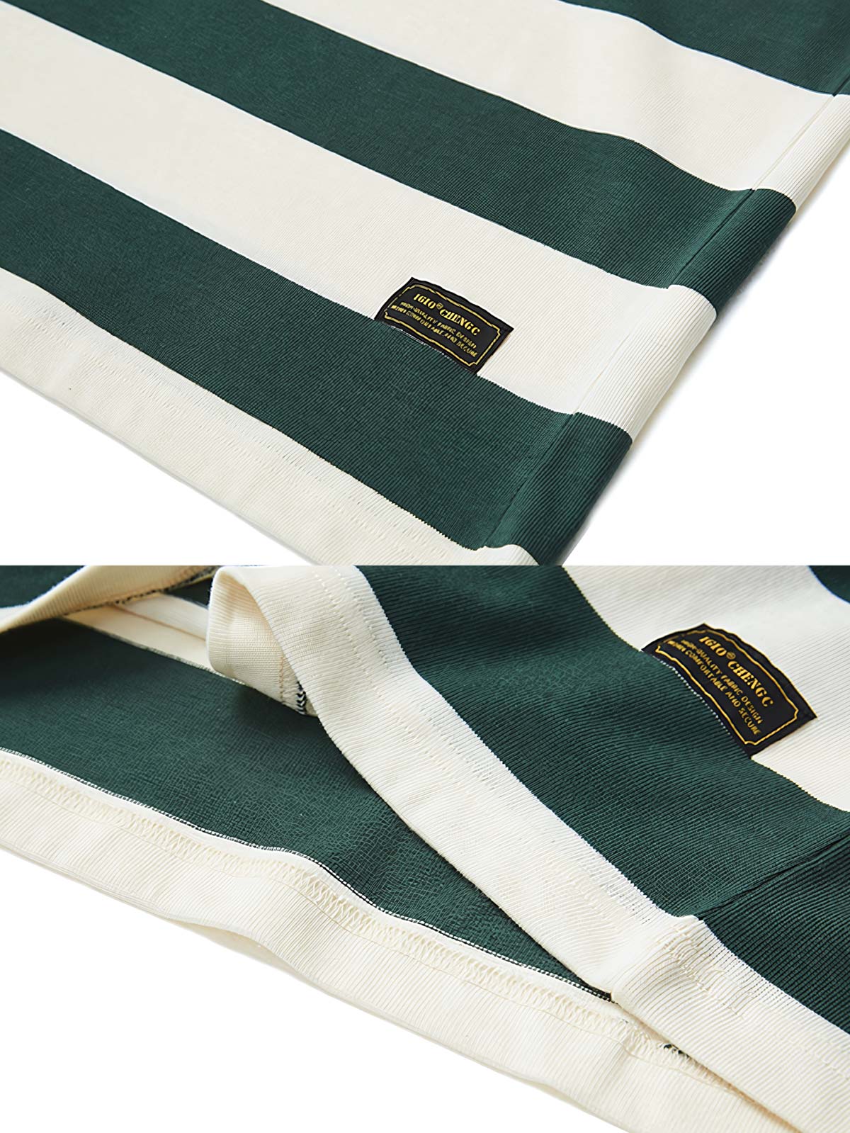 グリーン&ホワイトのストライプパターンと船員襟のクローズアップ、高品質なコットン素材の質感が確認できる。