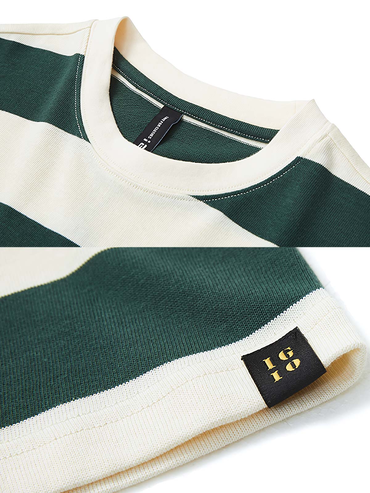 グリーン&ホワイトのストライプパターンと船員襟のクローズアップ、高品質なコットン素材の質感が確認できる。