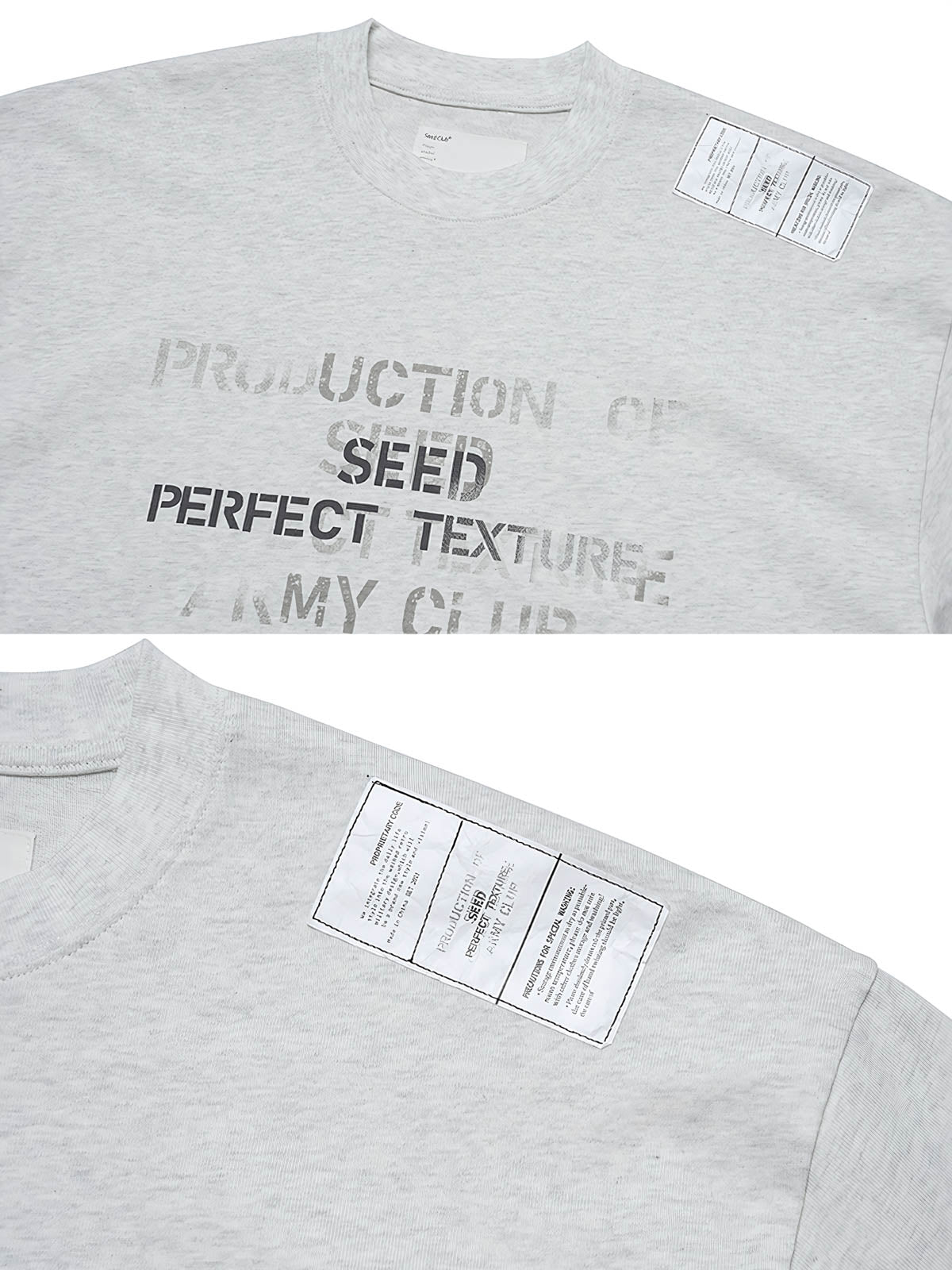 Tシャツのプリント部分のクローズアップ、耐久性のある白い文字が特徴。