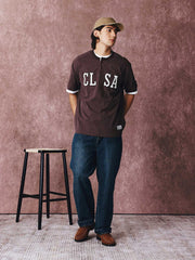 カラーブロックパッチワーク刺繍ヘンリーネックコットンTシャツ