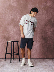 カラーブロックパッチワーク刺繍ヘンリーネックコットンTシャツ