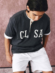 カラーブロックパッチワーク刺繍ヘンリーネックコットンTシャツ