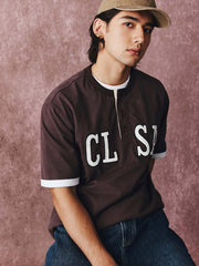 カラーブロックパッチワーク刺繍ヘンリーネックコットンTシャツ