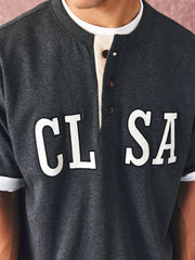 カラーブロックパッチワーク刺繍ヘンリーネックコットンTシャツ