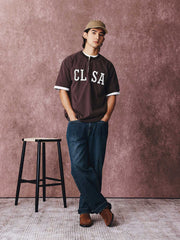 カラーブロックパッチワーク刺繍ヘンリーネックコットンTシャツ