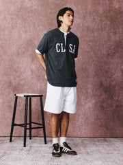 カラーブロックパッチワーク刺繍ヘンリーネックコットンTシャツ