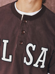 カラーブロックパッチワーク刺繍ヘンリーネックコットンTシャツ