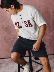 カラーブロックパッチワーク刺繍ヘンリーネックコットンTシャツ