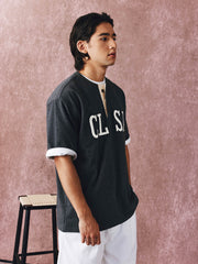 カラーブロックパッチワーク刺繍ヘンリーネックコットンTシャツ