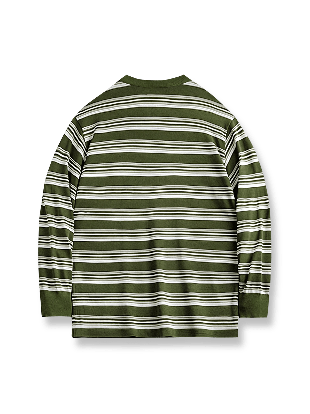 アメリカンヴィンテージカラーブロックストライプ長袖Tシャツ、三色のストライプデザインとリブ付きクルーネックを展示。