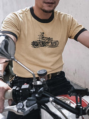 コントラスト襟 バイクプリント半袖Tシャツ