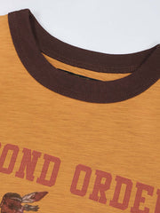 インディアン騎馬テーマリンガーTシャツのディテール、プリントと生地のテクスチャを含む