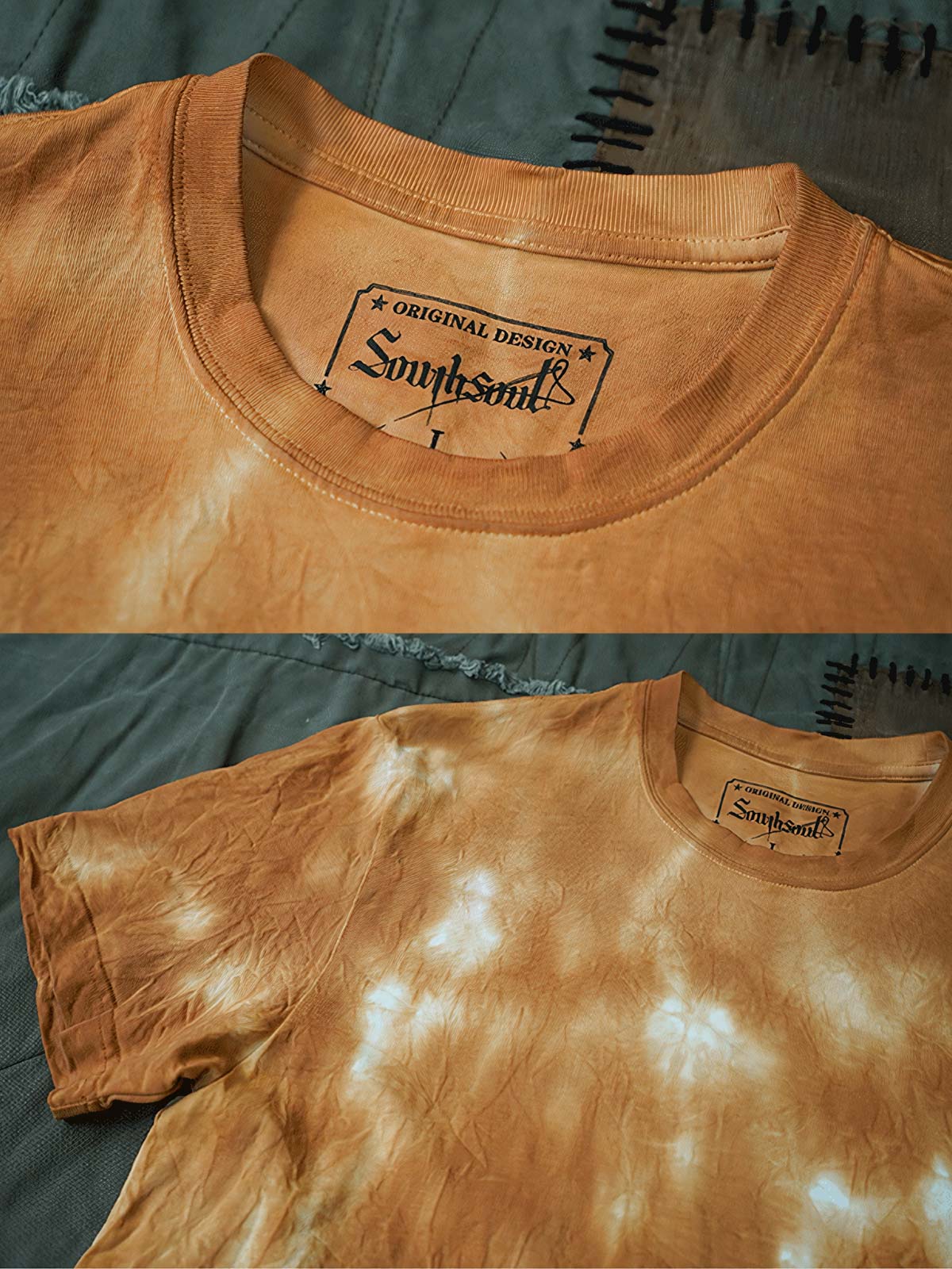 製品画像: 柿渋染め絞り染め半袖Tシャツ
詳細画像: 絞り染めのディテール