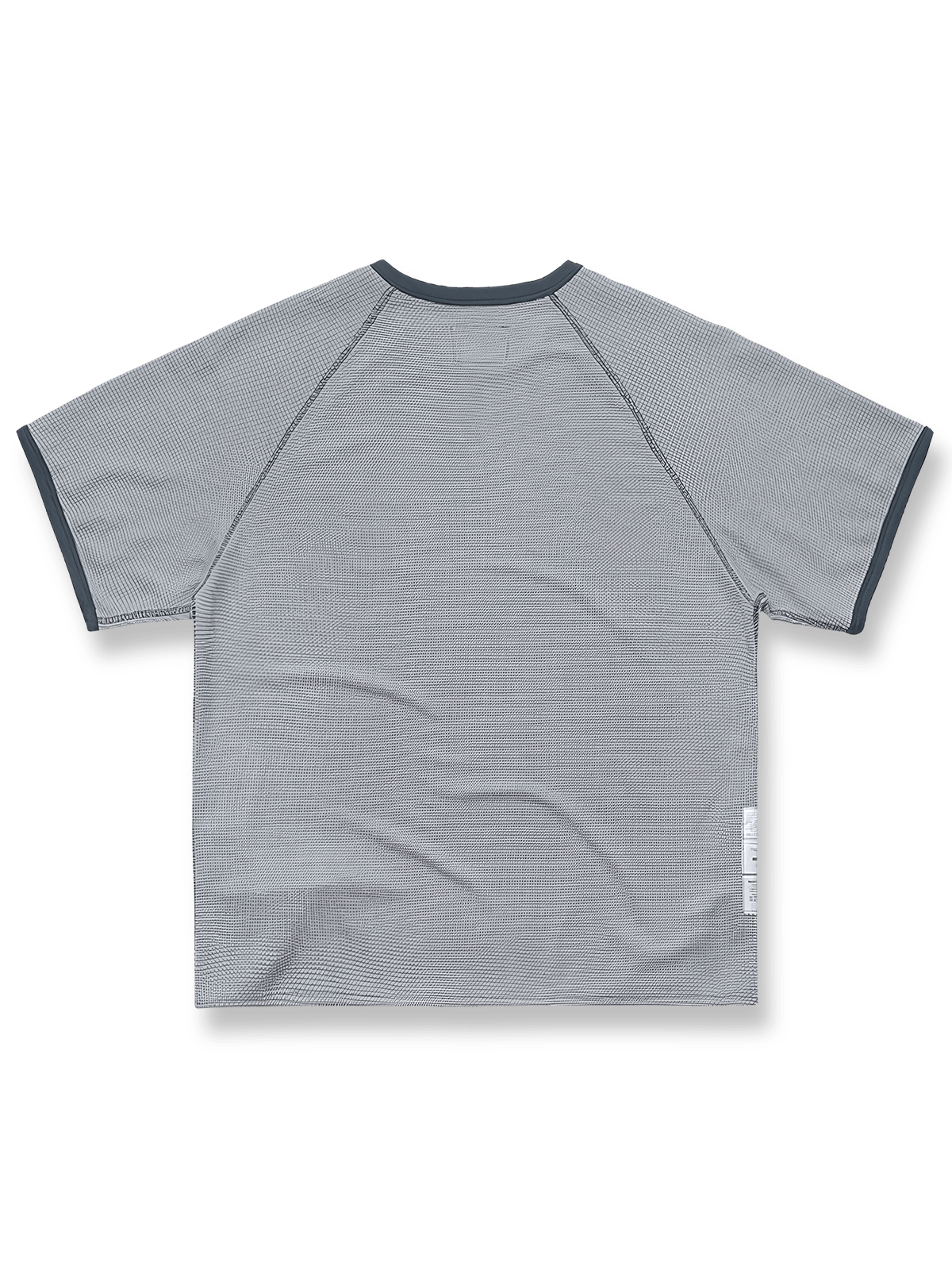 製品画像: 配色ワッフルTシャツ全体の展示、ジャカードメッシュテクスチャーとホワイトラベルのサイド装飾を示す。