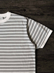 Tシャツのストライプディテールとコーマ綿素材のクローズアップ